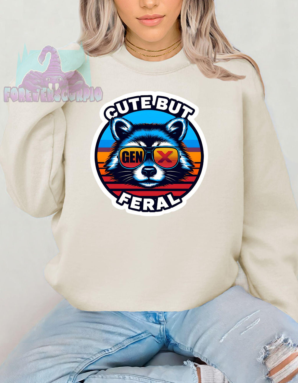 Gen X Raccoon Sweatshirt Cute But Feral | Funny Retro Crewneck for Men & Women | Sarcastic Gen X Graphic Shirt