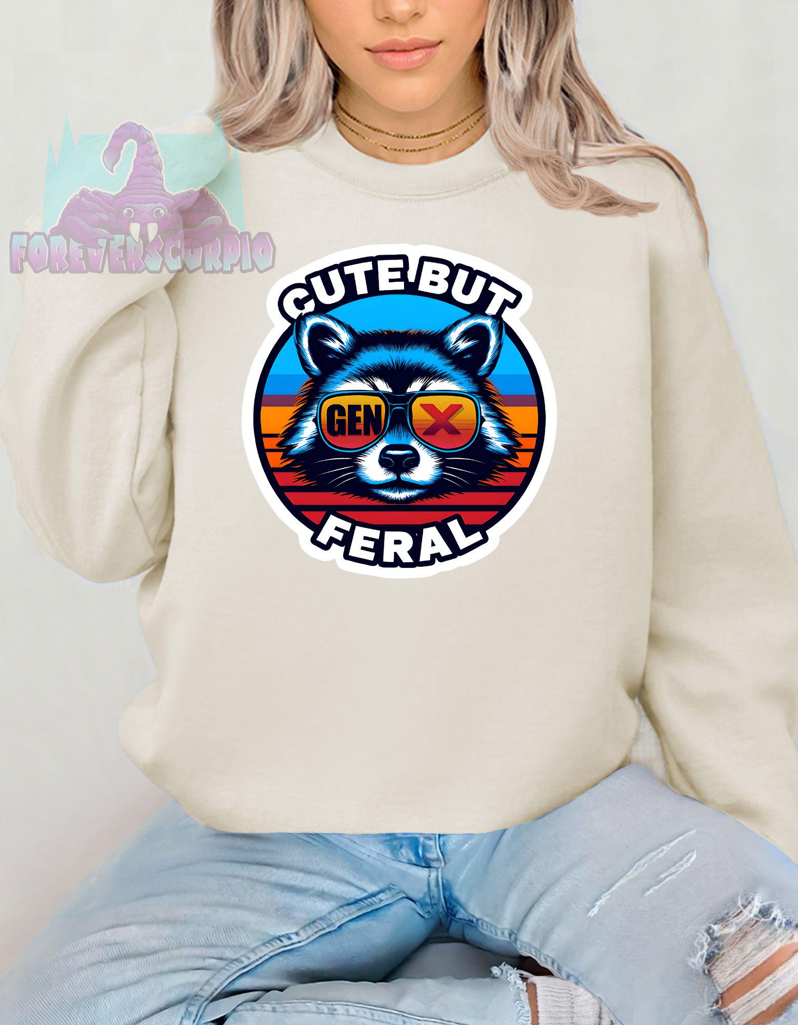 Gen X Raccoon Sweatshirt Cute But Feral | Funny Retro Crewneck for Men & Women | Sarcastic Gen X Graphic Shirt