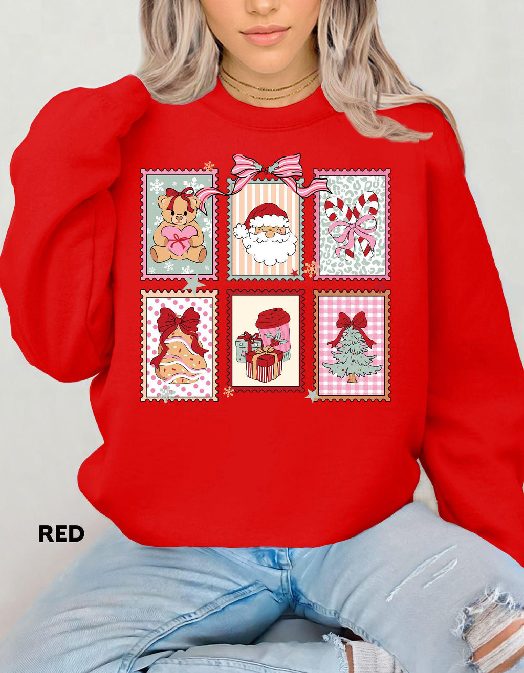 Christmas Postage Stamps Sweatshirt, Pink Retro Christmas Crewneck, Cute Holiday Gift Shirt, Santa Gingerbread Tree Sweater
