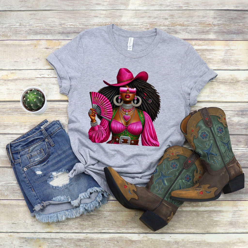 Woman With a Fan, Black Cowgirl Trail Ride Shirt, Cowgirl Graphic Tee