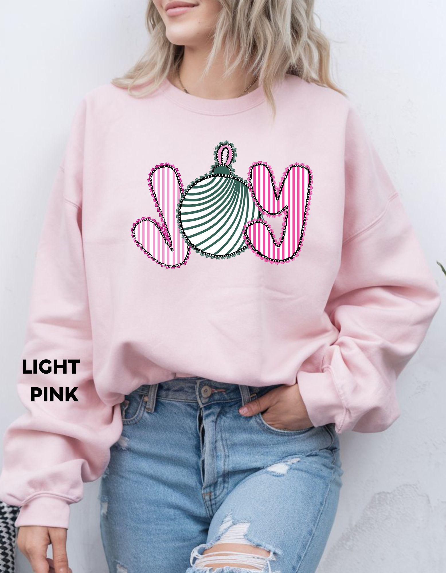 JOY Christmas Sweatshirt, Pink and Green Holiday Crewneck, Cute Ornament Christmas Shirt, Festive Cozy Sweater Gift for Her