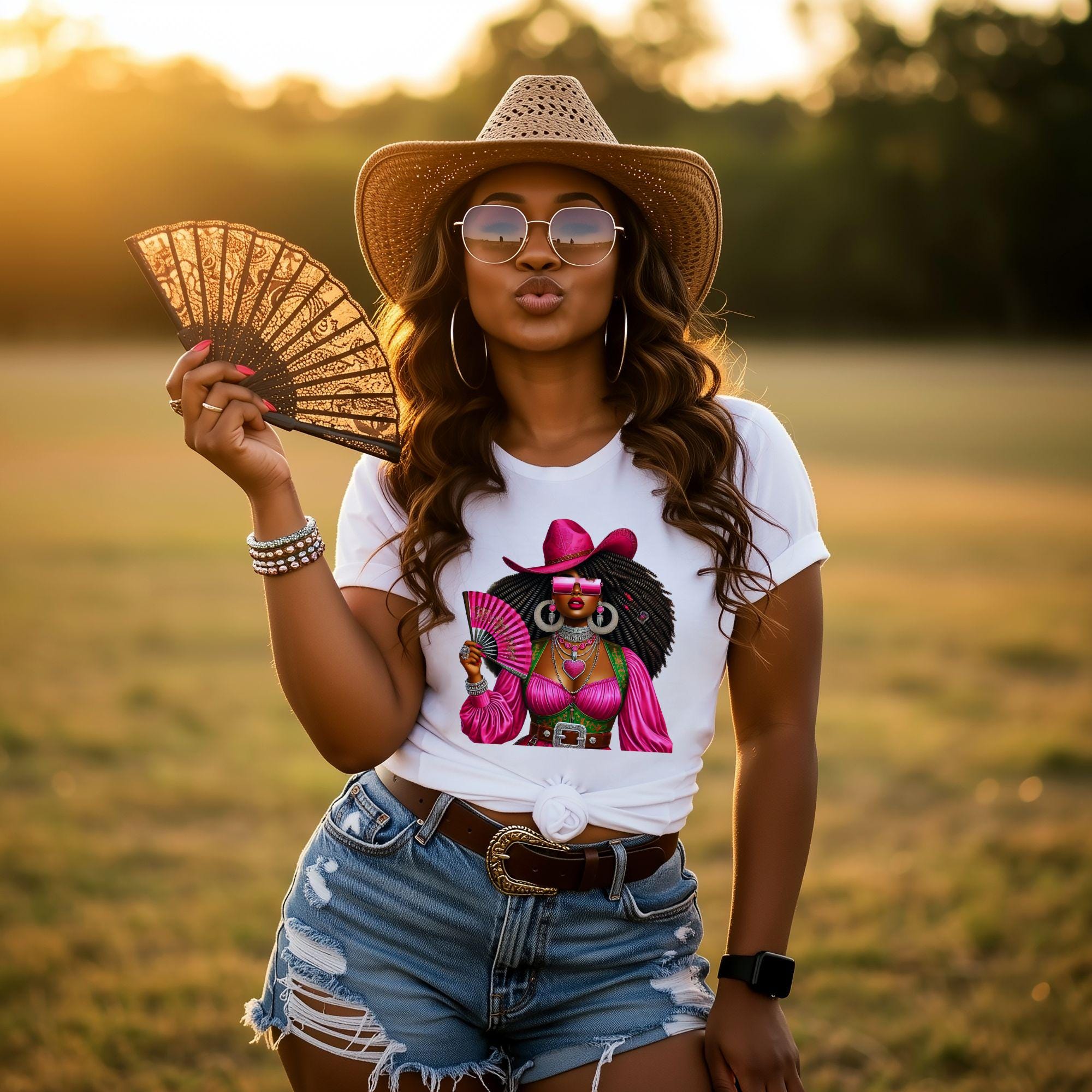 Woman With a Fan, Black Cowgirl Trail Ride Shirt, Cowgirl Graphic Tee