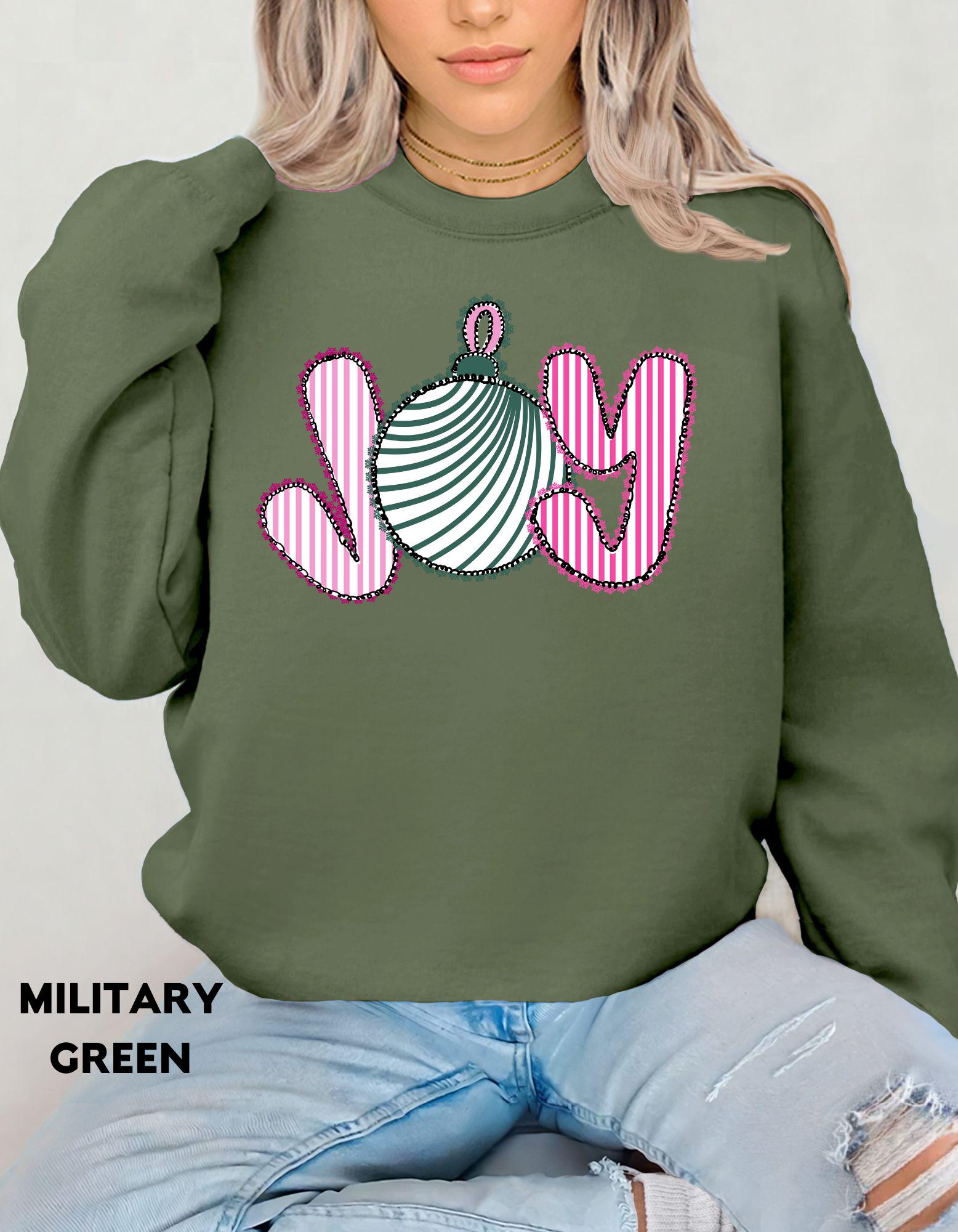 JOY Christmas Sweatshirt, Pink and Green Holiday Crewneck, Cute Ornament Christmas Shirt, Festive Cozy Sweater Gift for Her