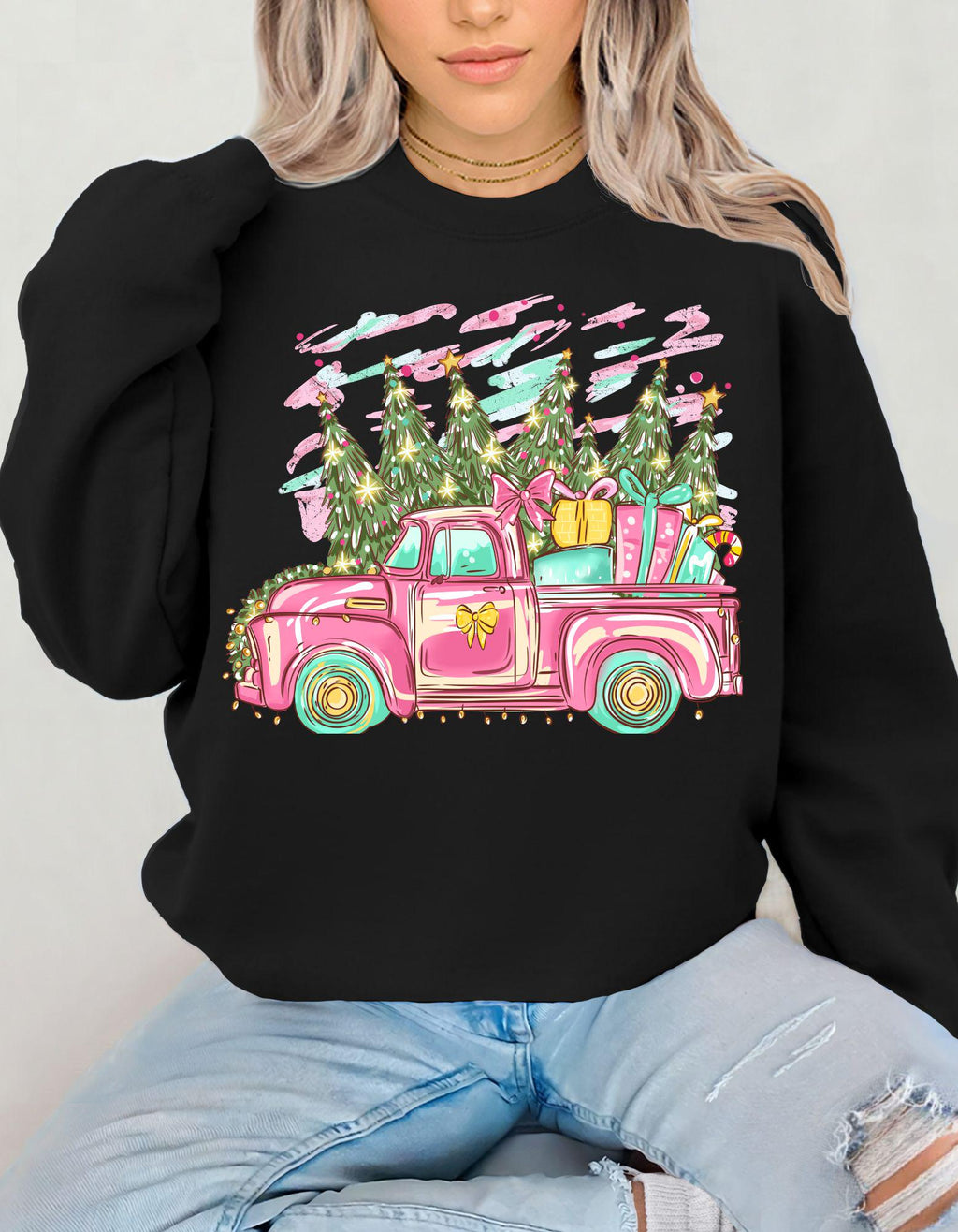 Pink Christmas Truck Sweatshirt, Retro Holiday Crewneck, Vintage Farmhouse Christmas Shirt, Cute Cozy Gift for Her, Festive Sweater