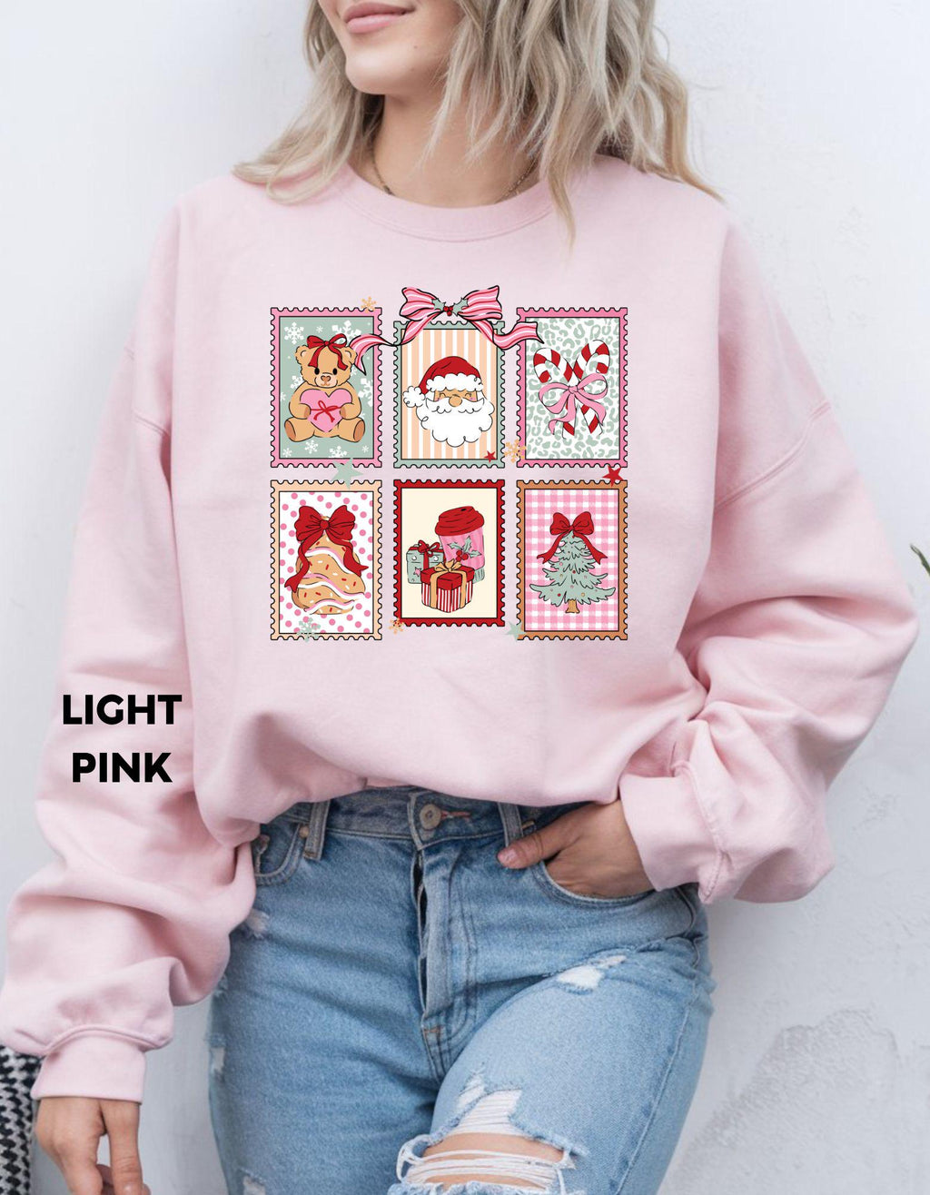 Christmas Postage Stamps Sweatshirt, Pink Retro Christmas Crewneck, Cute Holiday Gift Shirt, Santa Gingerbread Tree Sweater