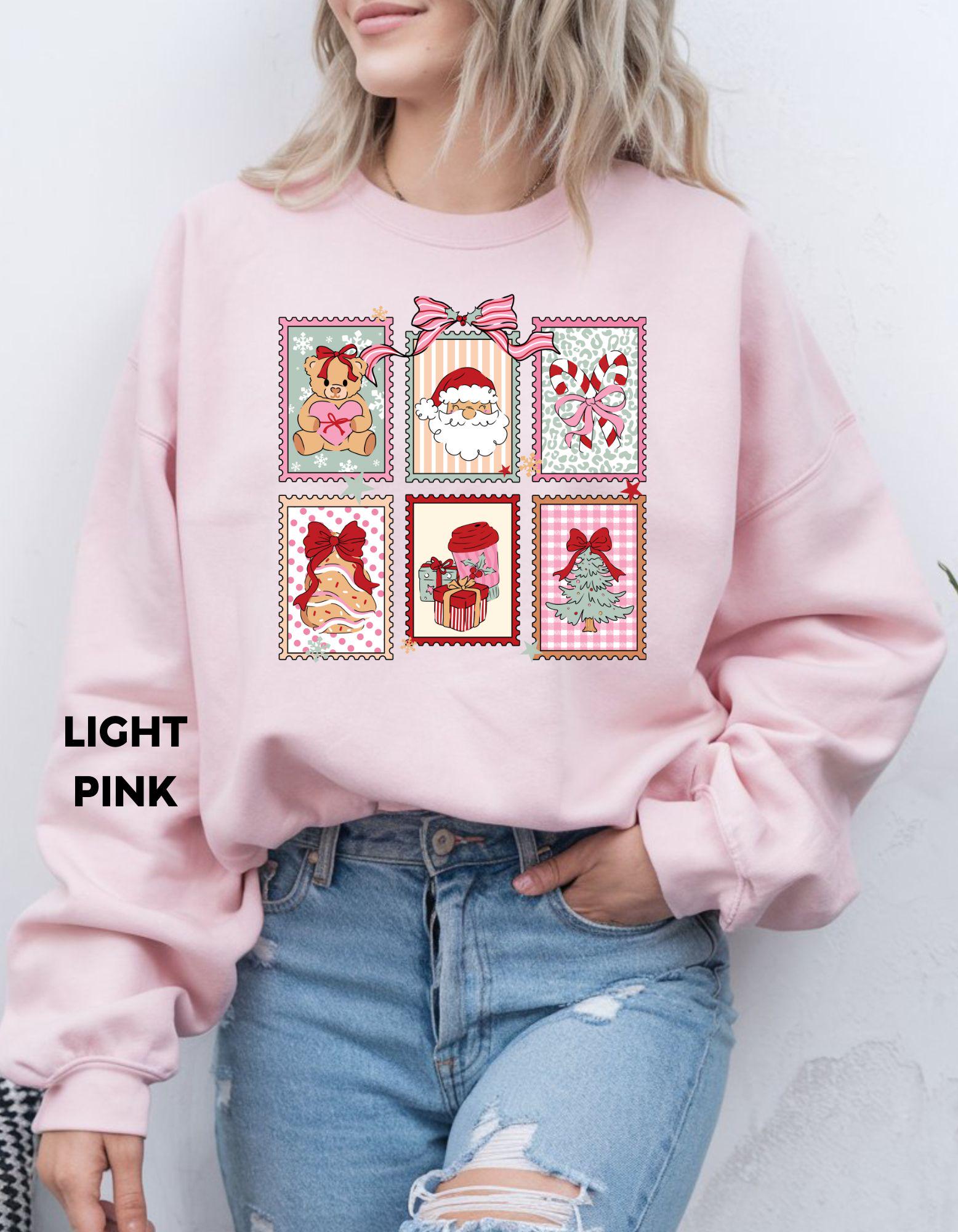 Christmas Postage Stamps Sweatshirt, Pink Retro Christmas Crewneck, Cute Holiday Gift Shirt, Santa Gingerbread Tree Sweater