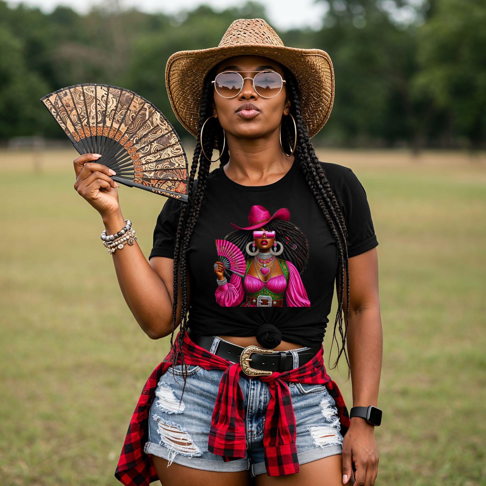 Woman With a Fan, Black Cowgirl Trail Ride Shirt, Cowgirl Graphic Tee