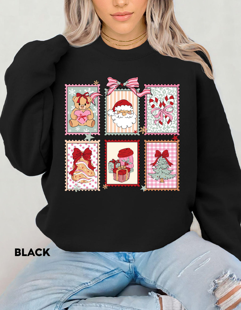 Christmas Postage Stamps Sweatshirt, Pink Retro Christmas Crewneck, Cute Holiday Gift Shirt, Santa Gingerbread Tree Sweater