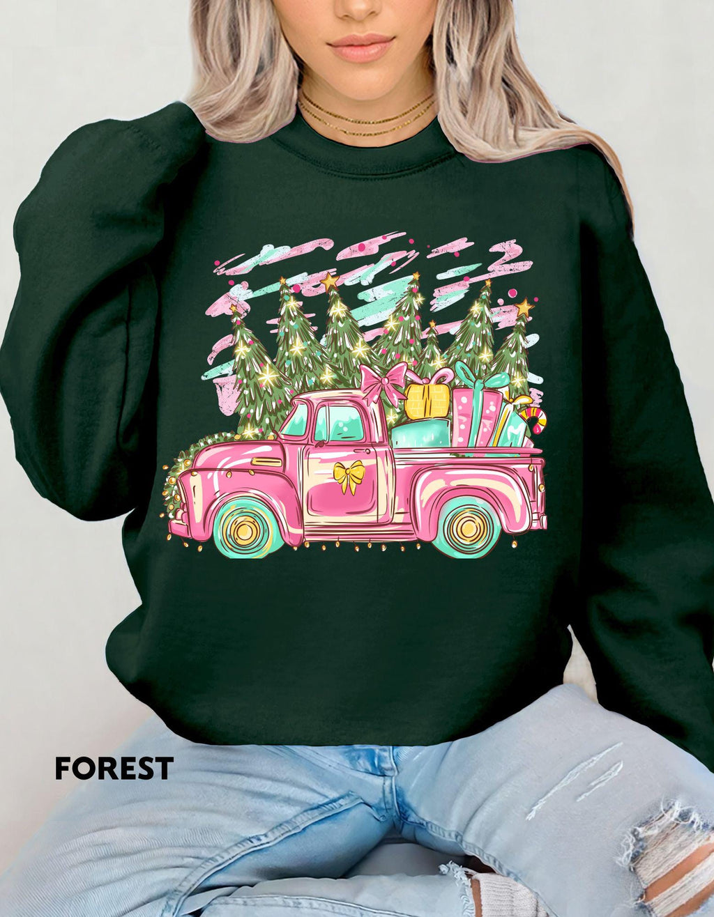 Pink Christmas Truck Sweatshirt, Retro Holiday Crewneck, Vintage Farmhouse Christmas Shirt, Cute Cozy Gift for Her, Festive Sweater
