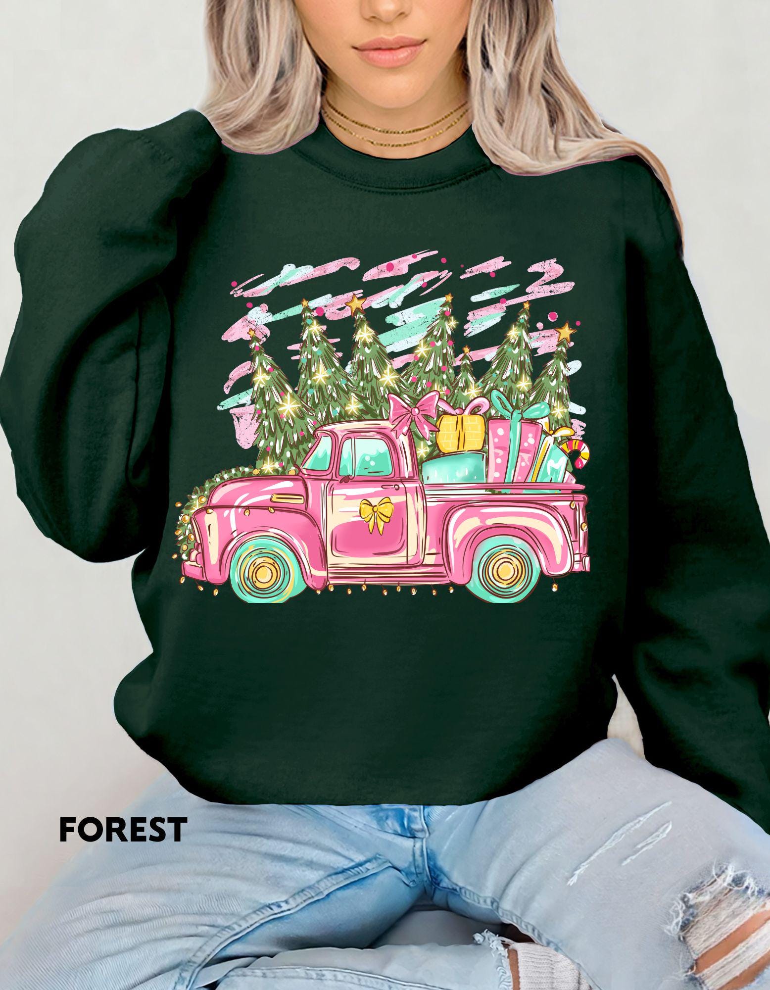 Pink Christmas Truck Sweatshirt, Retro Holiday Crewneck, Vintage Farmhouse Christmas Shirt, Cute Cozy Gift for Her, Festive Sweater