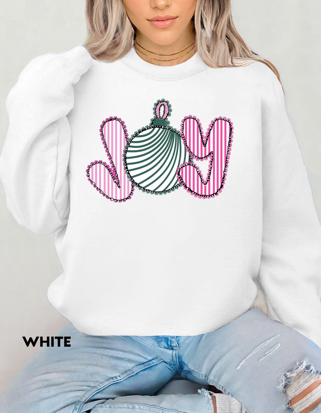 JOY Christmas Sweatshirt, Pink and Green Holiday Crewneck, Cute Ornament Christmas Shirt, Festive Cozy Sweater Gift for Her