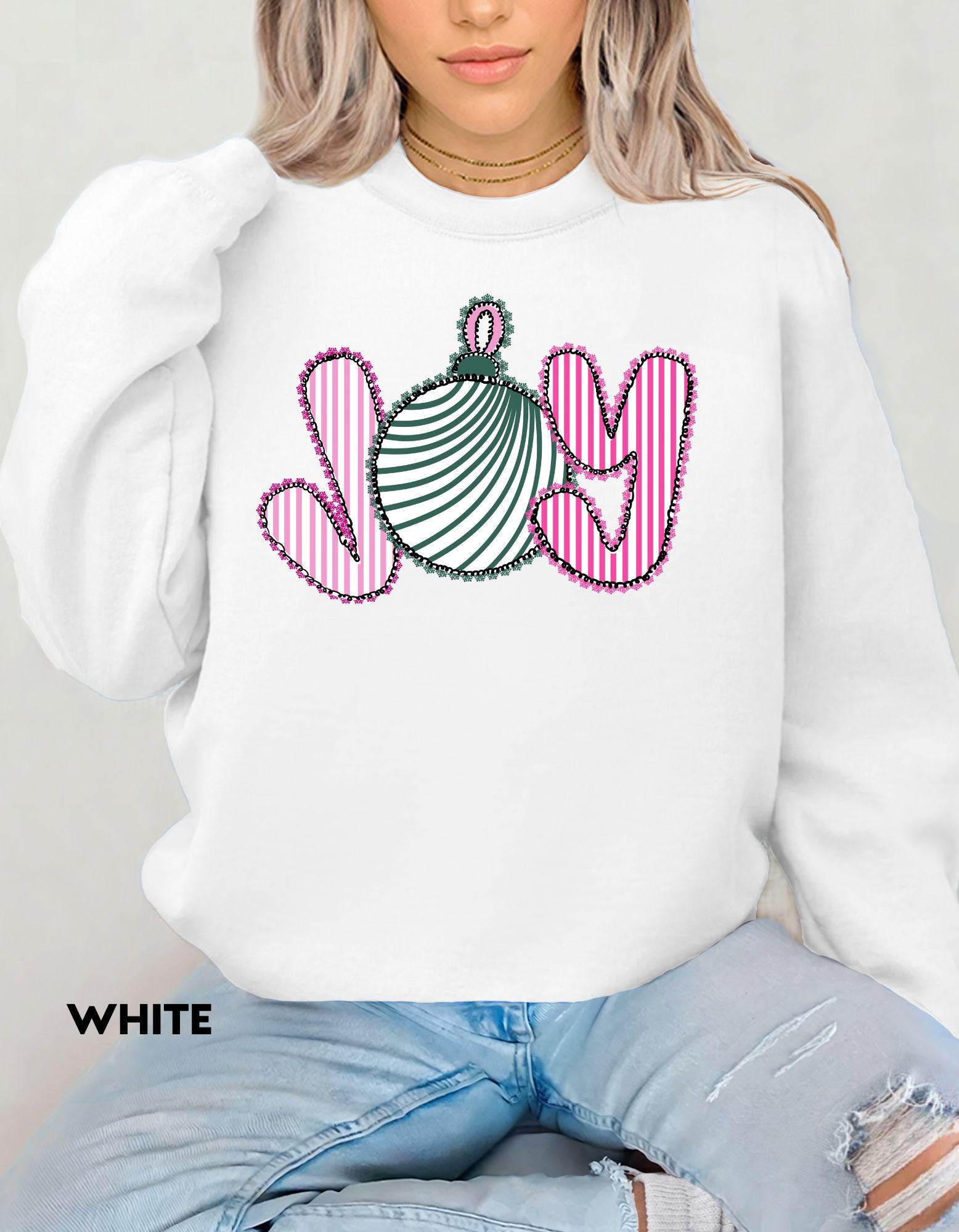 JOY Christmas Sweatshirt, Pink and Green Holiday Crewneck, Cute Ornament Christmas Shirt, Festive Cozy Sweater Gift for Her