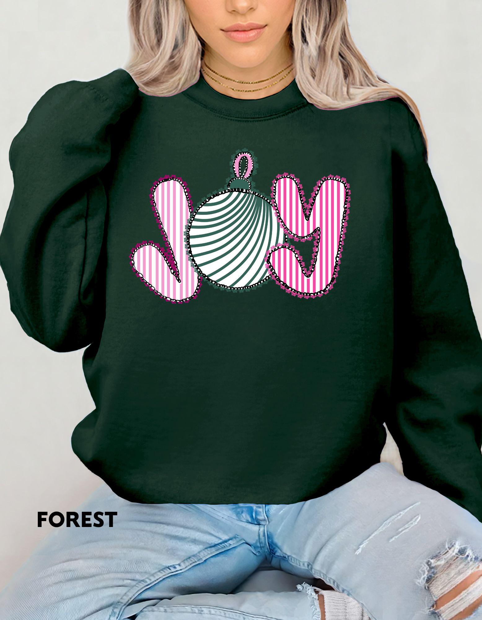 JOY Christmas Sweatshirt, Pink and Green Holiday Crewneck, Cute Ornament Christmas Shirt, Festive Cozy Sweater Gift for Her