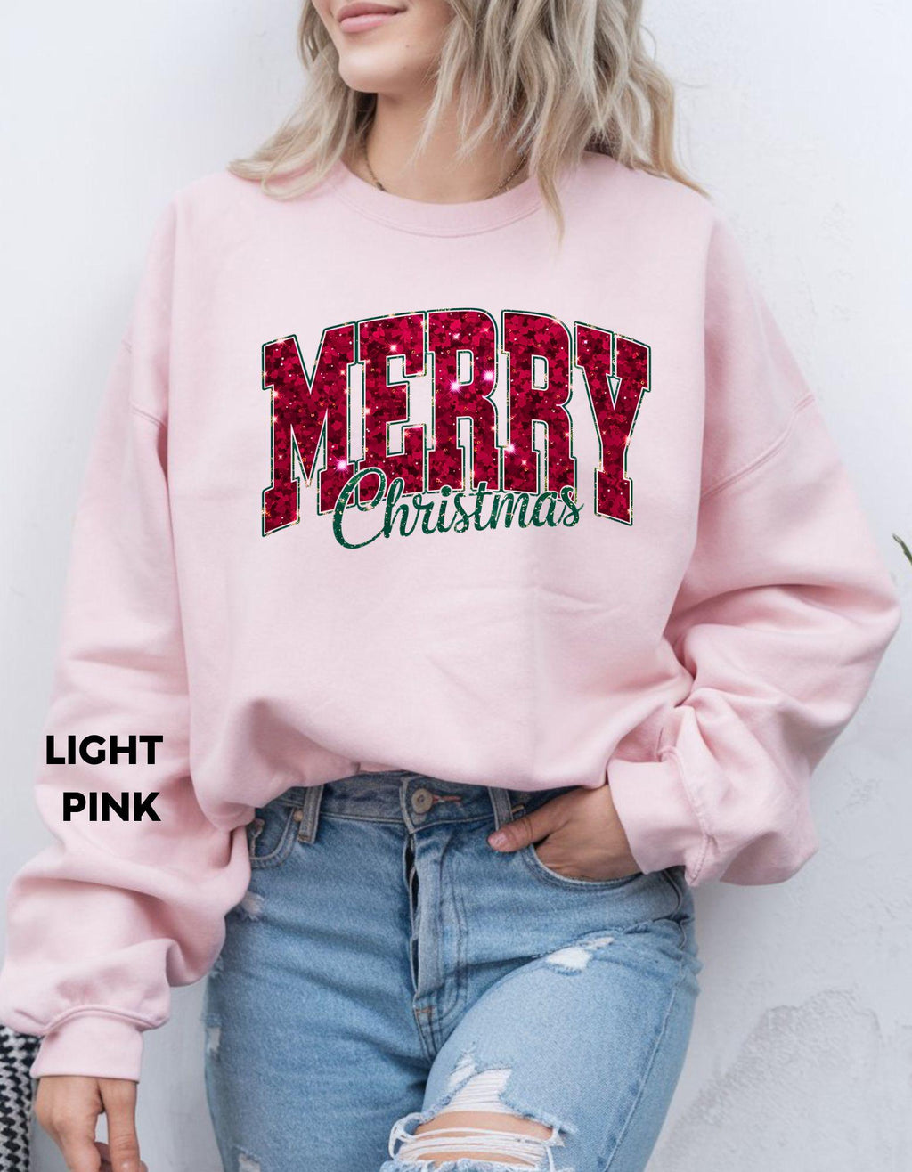 Merry Christmas Sweatshirt, Faux Glitter Look Holiday Shirt, Festive Crewneck, Cozy Winter Sweater
