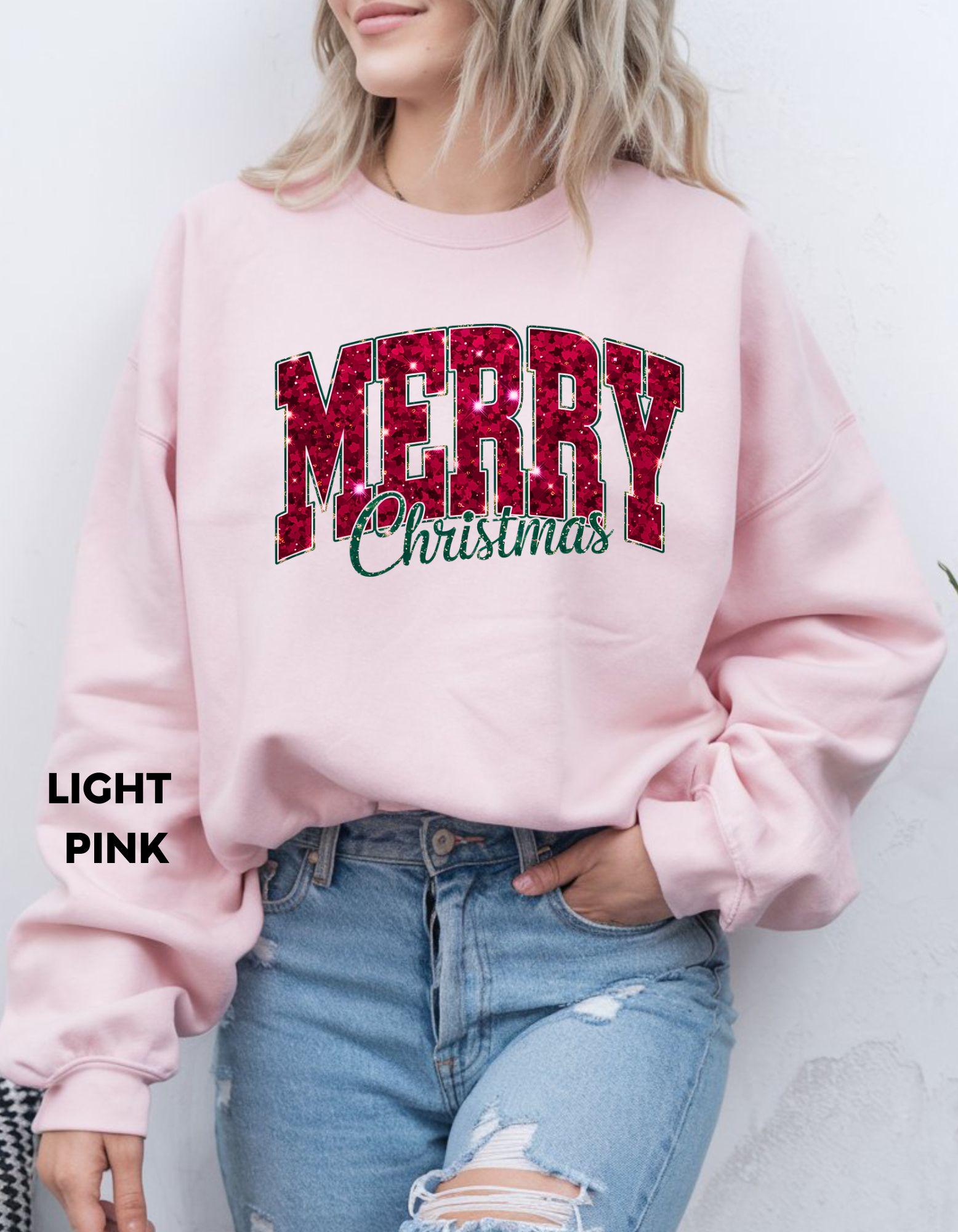Merry Christmas Sweatshirt, Faux Glitter Look Holiday Shirt, Festive Crewneck, Cozy Winter Sweater