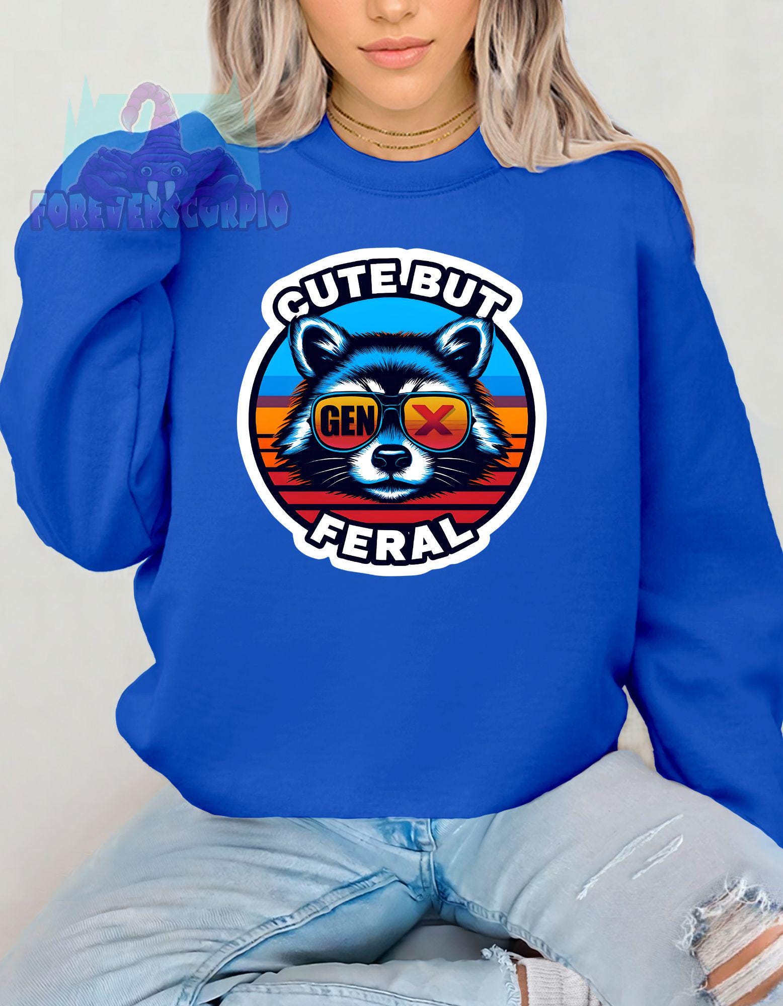 Gen X Raccoon Sweatshirt Cute But Feral | Funny Retro Crewneck for Men & Women | Sarcastic Gen X Graphic Shirt