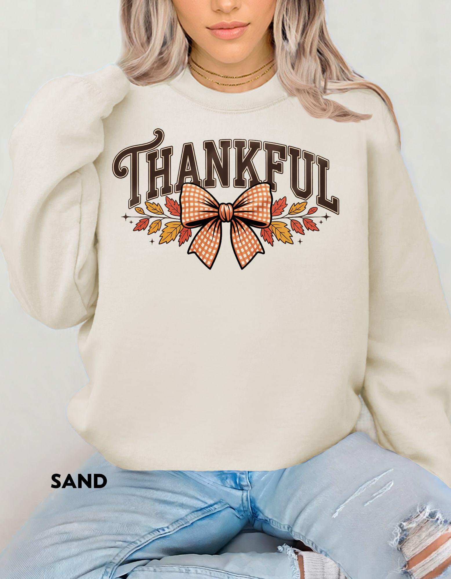Thankful Sweatshirt, Fall Bow Thanksgiving Shirt, Autumn Cozy Crewneck, Pumpkin Spice Outfit, Grateful Blessed Sweatshirt