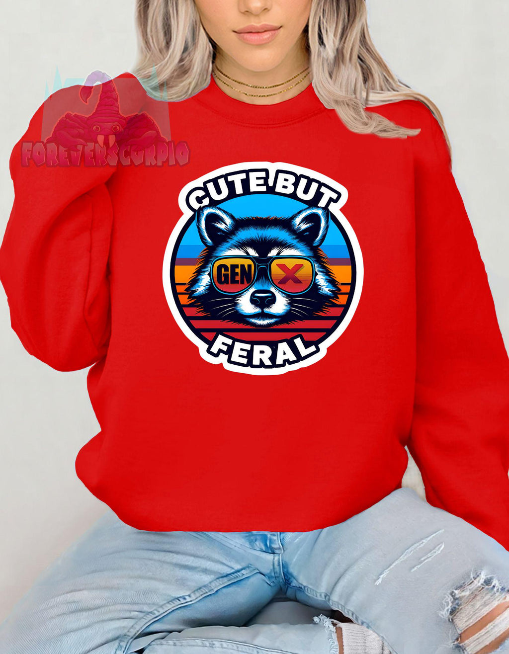 Gen X Raccoon Sweatshirt Cute But Feral | Funny Retro Crewneck for Men & Women | Sarcastic Gen X Graphic Shirt