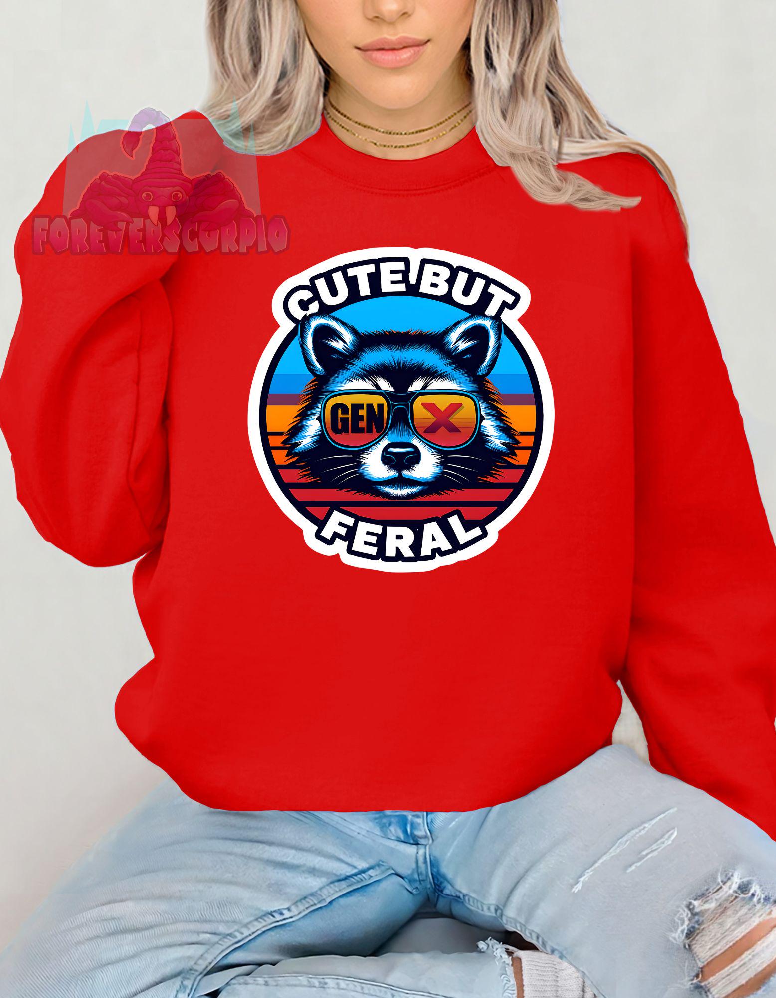 Gen X Raccoon Sweatshirt Cute But Feral | Funny Retro Crewneck for Men & Women | Sarcastic Gen X Graphic Shirt