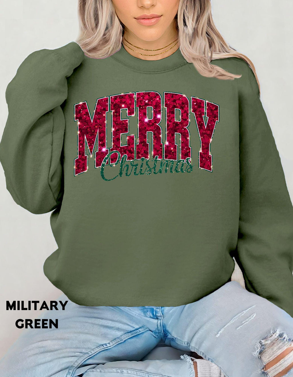 Merry Christmas Sweatshirt, Faux Glitter Look Holiday Shirt, Festive Crewneck, Cozy Winter Sweater