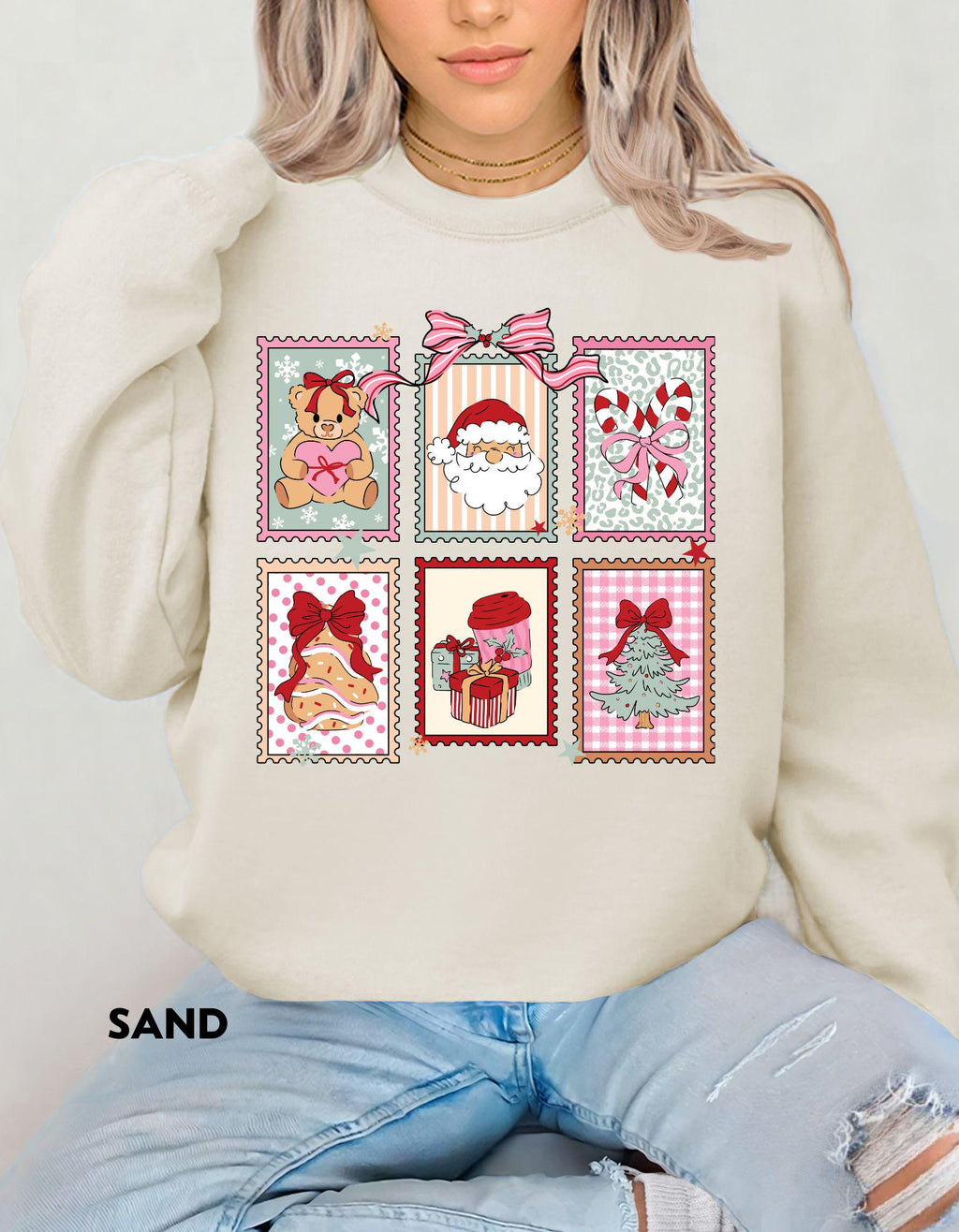 Christmas Postage Stamps Sweatshirt, Pink Retro Christmas Crewneck, Cute Holiday Gift Shirt, Santa Gingerbread Tree Sweater
