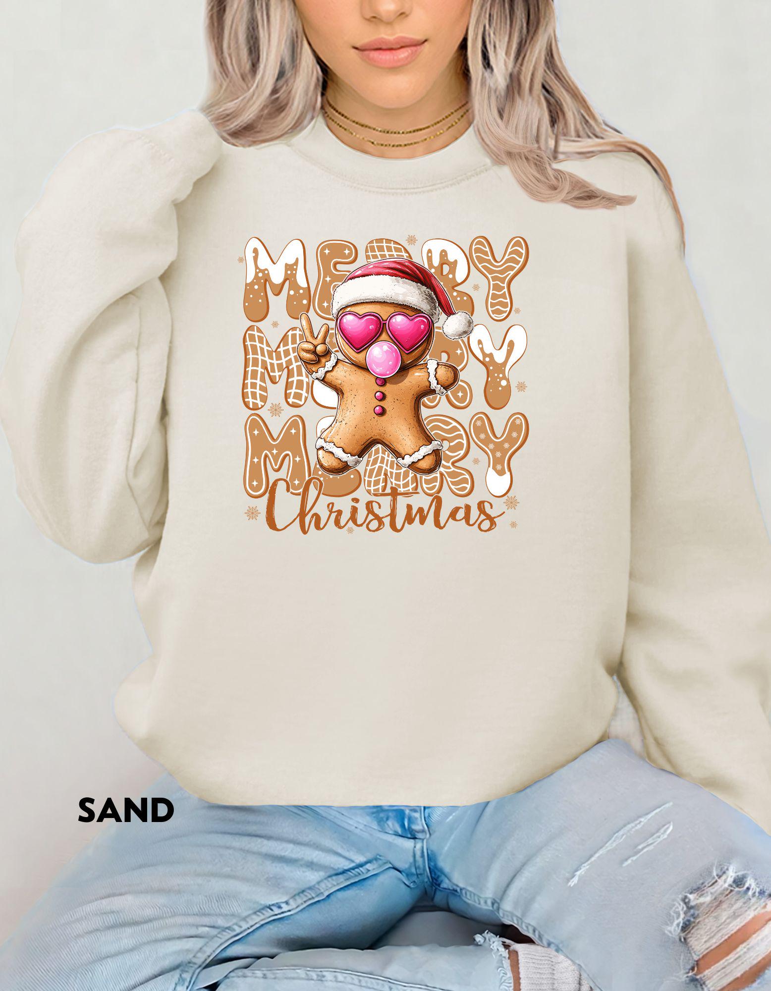 Gingerbread Merry Christmas Sweatshirt, Cute Holiday Crewneck, Retro Christmas Shirt for Women, Festive Cozy Winter Gift