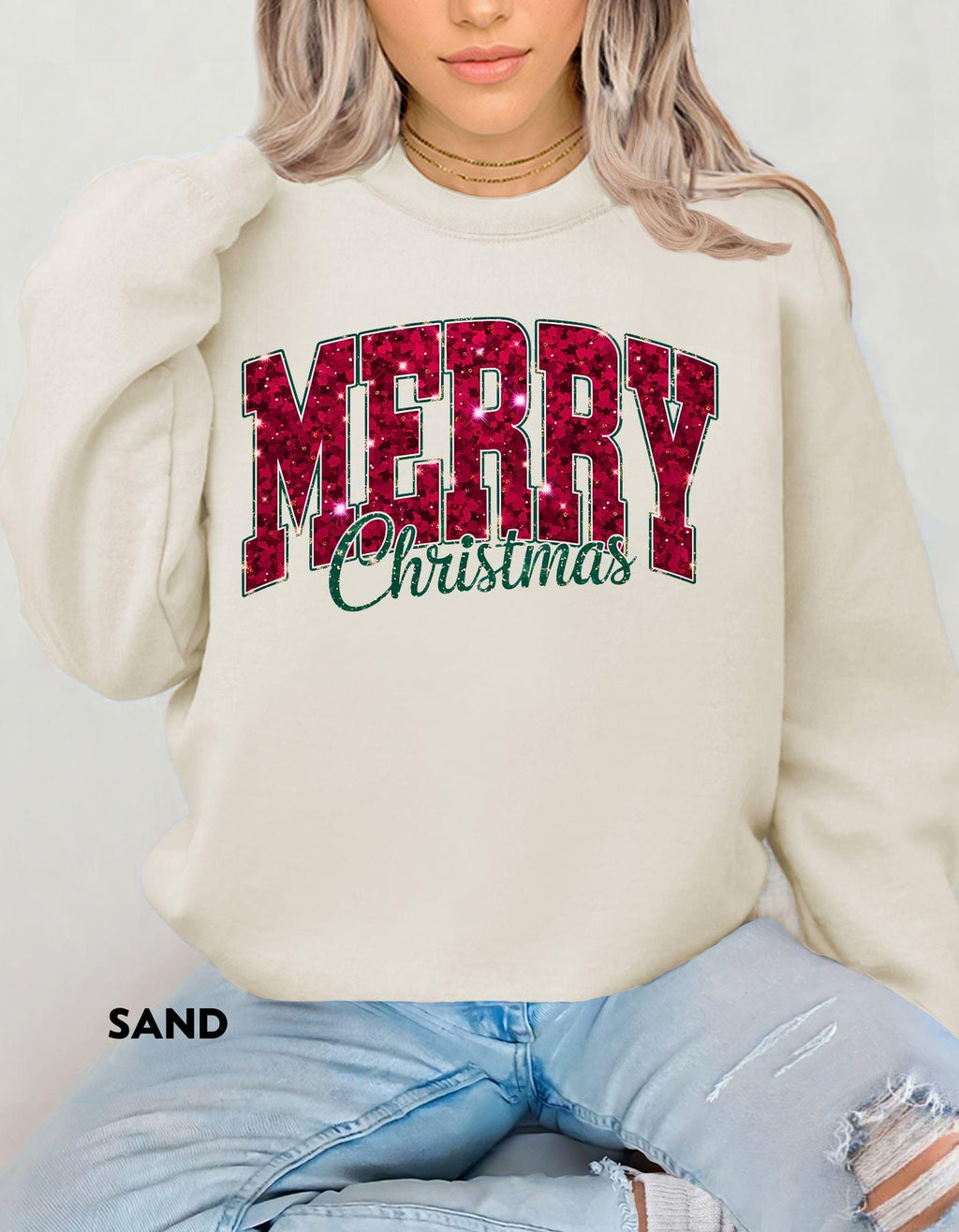Merry Christmas Sweatshirt, Faux Glitter Look Holiday Shirt, Festive Crewneck, Cozy Winter Sweater