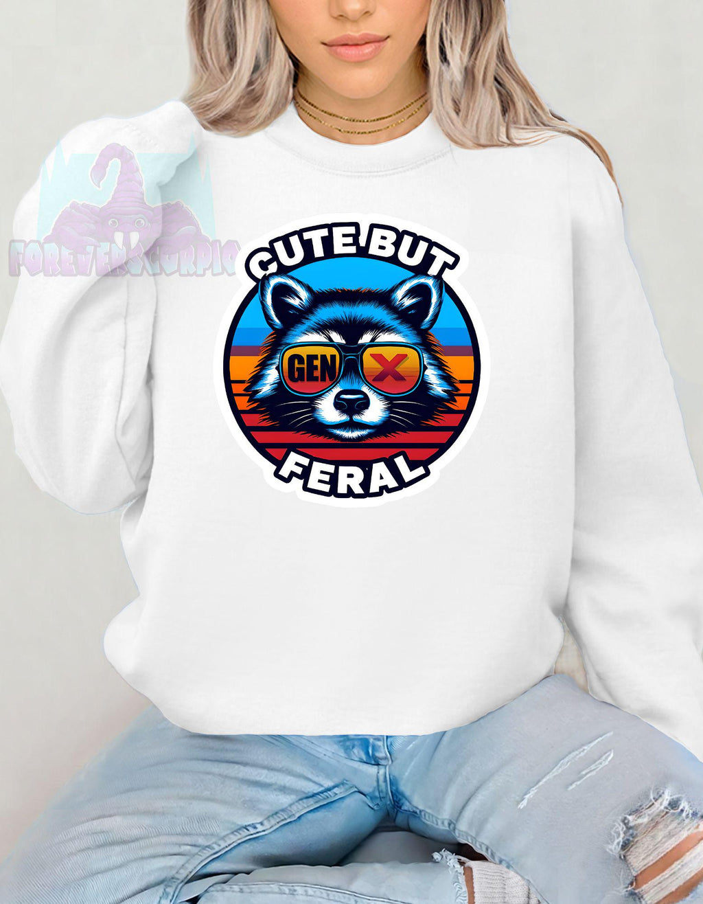 Gen X Raccoon Sweatshirt Cute But Feral | Funny Retro Crewneck for Men & Women | Sarcastic Gen X Graphic Shirt