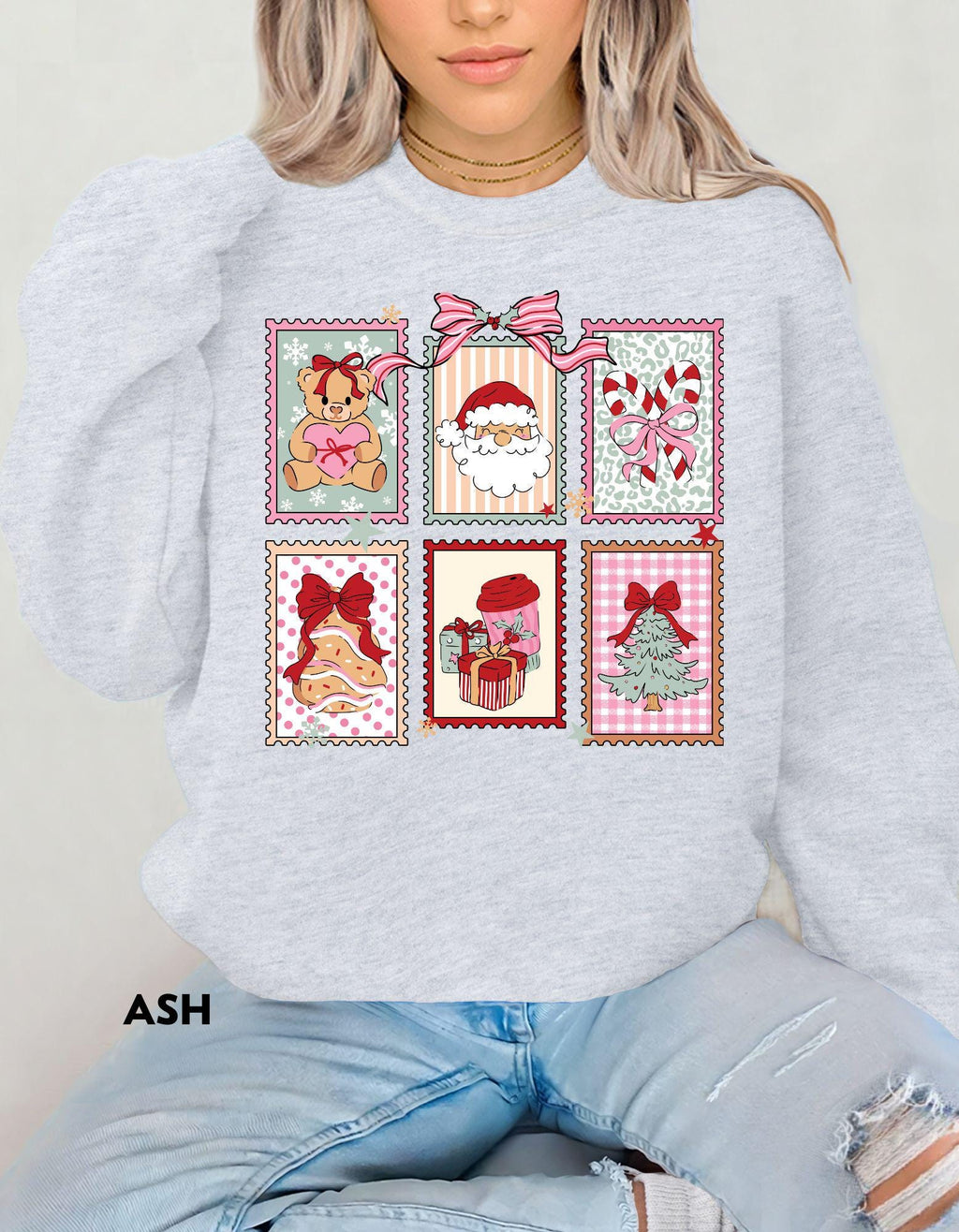 Christmas Postage Stamps Sweatshirt, Pink Retro Christmas Crewneck, Cute Holiday Gift Shirt, Santa Gingerbread Tree Sweater