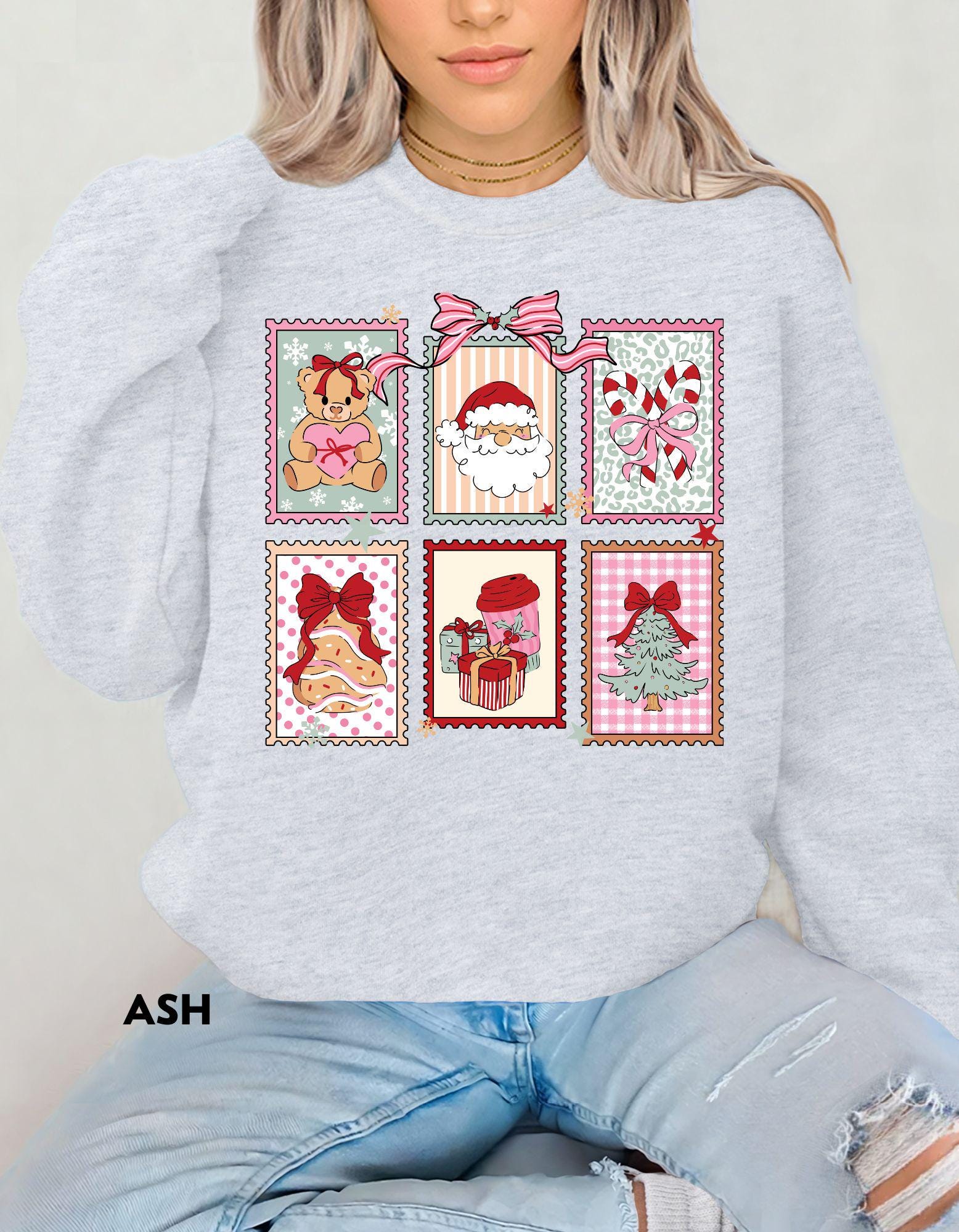 Christmas Postage Stamps Sweatshirt, Pink Retro Christmas Crewneck, Cute Holiday Gift Shirt, Santa Gingerbread Tree Sweater