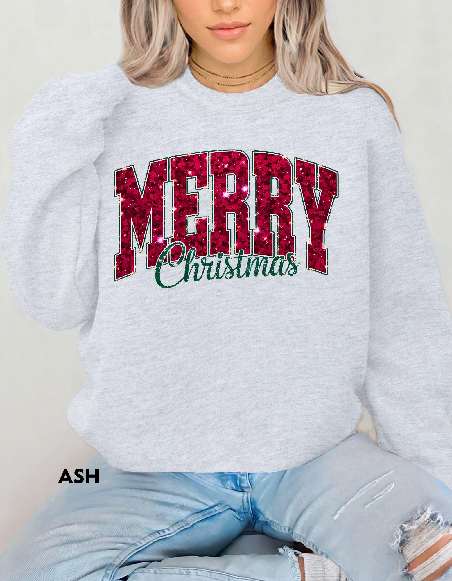 Merry Christmas Sweatshirt, Faux Glitter Look Holiday Shirt, Festive Crewneck, Cozy Winter Sweater
