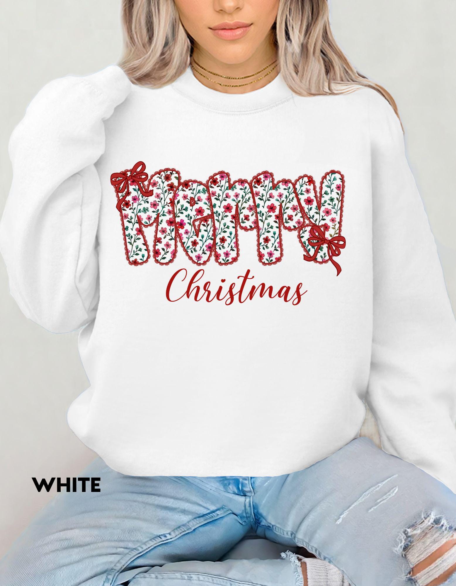 Floral Merry Christmas Sweatshirt, Vintage Holiday Crewneck, Cute Cozy Christmas Shirt, Winter Gift for Her, Festive Floral Sweater