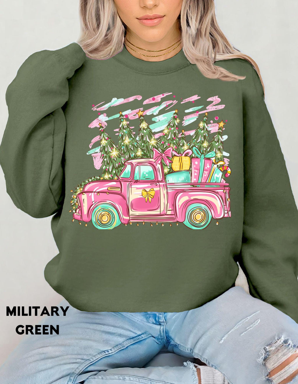 Pink Christmas Truck Sweatshirt, Retro Holiday Crewneck, Vintage Farmhouse Christmas Shirt, Cute Cozy Gift for Her, Festive Sweater