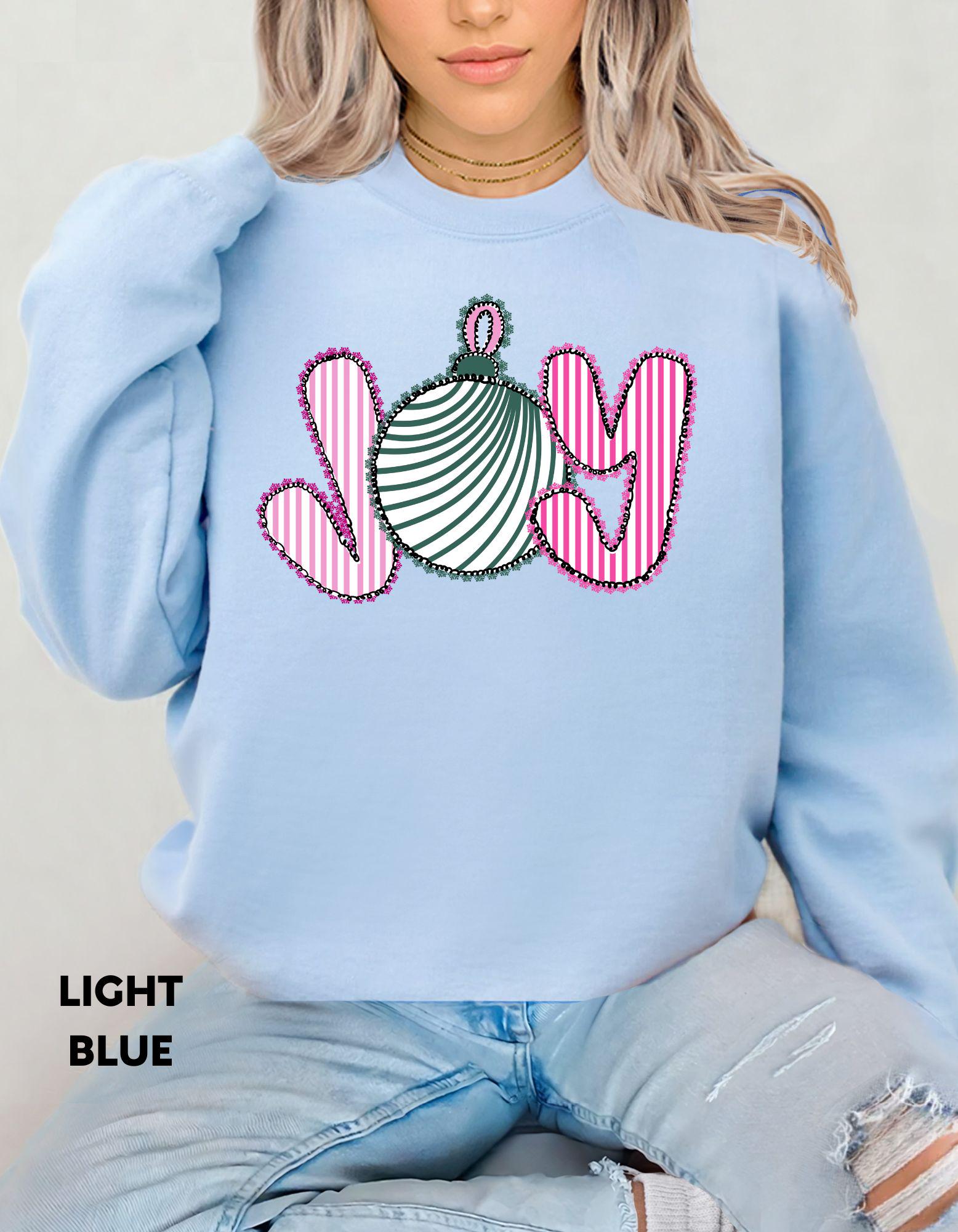 JOY Christmas Sweatshirt, Pink and Green Holiday Crewneck, Cute Ornament Christmas Shirt, Festive Cozy Sweater Gift for Her