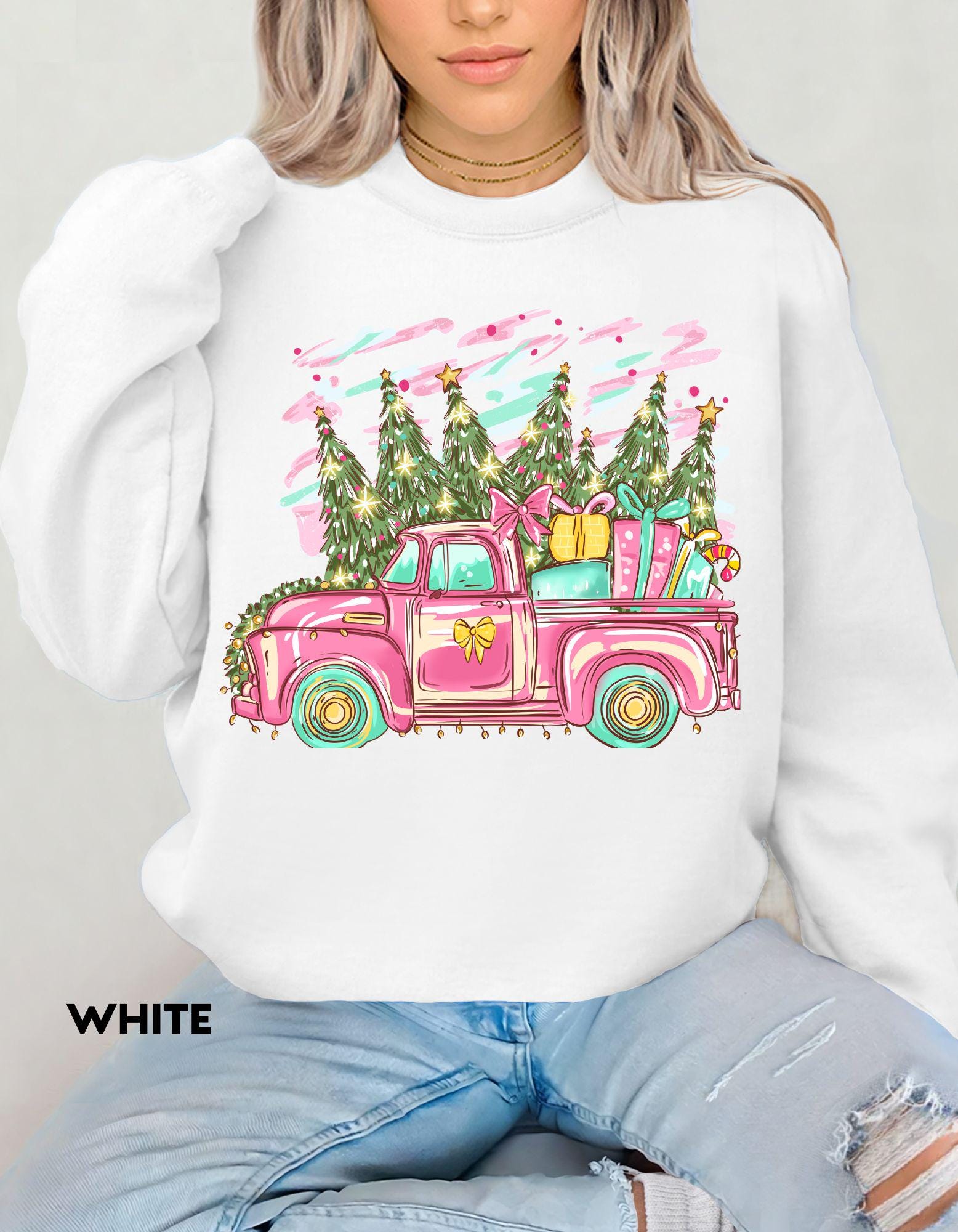Pink Christmas Truck Sweatshirt, Retro Holiday Crewneck, Vintage Farmhouse Christmas Shirt, Cute Cozy Gift for Her, Festive Sweater