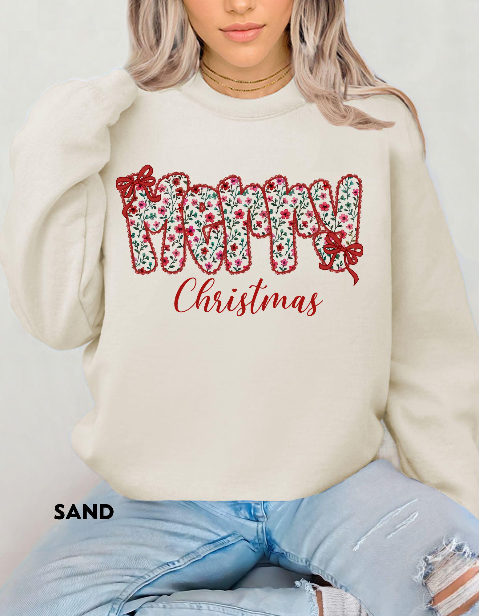 Floral Merry Christmas Sweatshirt, Vintage Holiday Crewneck, Cute Cozy Christmas Shirt, Winter Gift for Her, Festive Floral Sweater