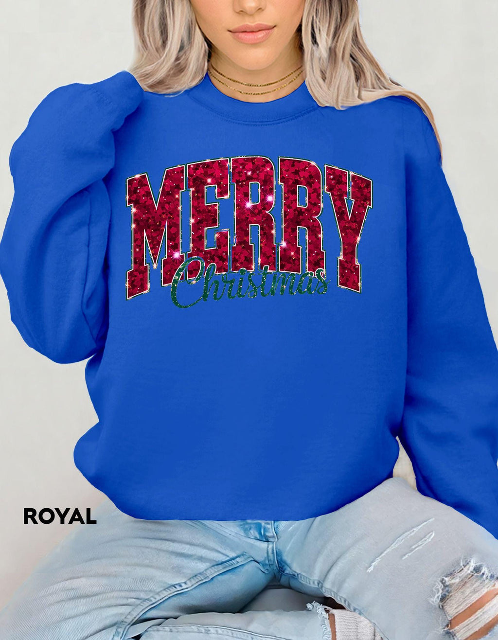 Merry Christmas Sweatshirt, Faux Glitter Look Holiday Shirt, Festive Crewneck, Cozy Winter Sweater