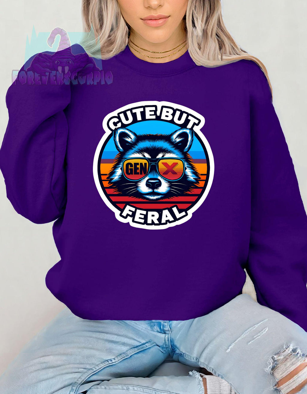 Gen X Raccoon Sweatshirt Cute But Feral | Funny Retro Crewneck for Men & Women | Sarcastic Gen X Graphic Shirt