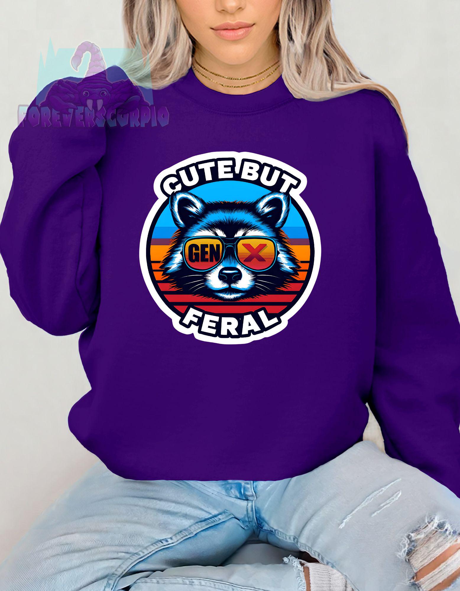 Gen X Raccoon Sweatshirt Cute But Feral | Funny Retro Crewneck for Men & Women | Sarcastic Gen X Graphic Shirt