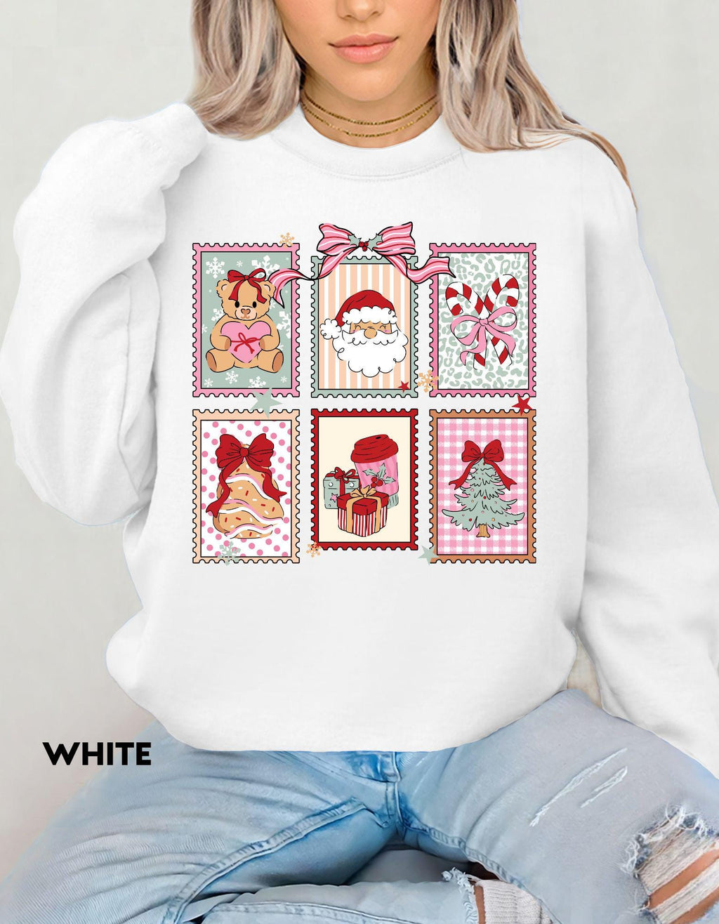 Christmas Postage Stamps Sweatshirt, Pink Retro Christmas Crewneck, Cute Holiday Gift Shirt, Santa Gingerbread Tree Sweater