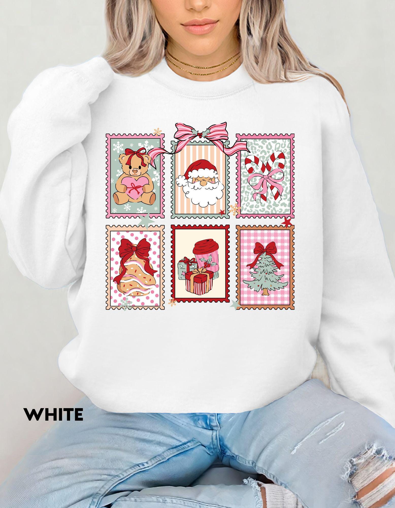 Christmas Postage Stamps Sweatshirt, Pink Retro Christmas Crewneck, Cute Holiday Gift Shirt, Santa Gingerbread Tree Sweater