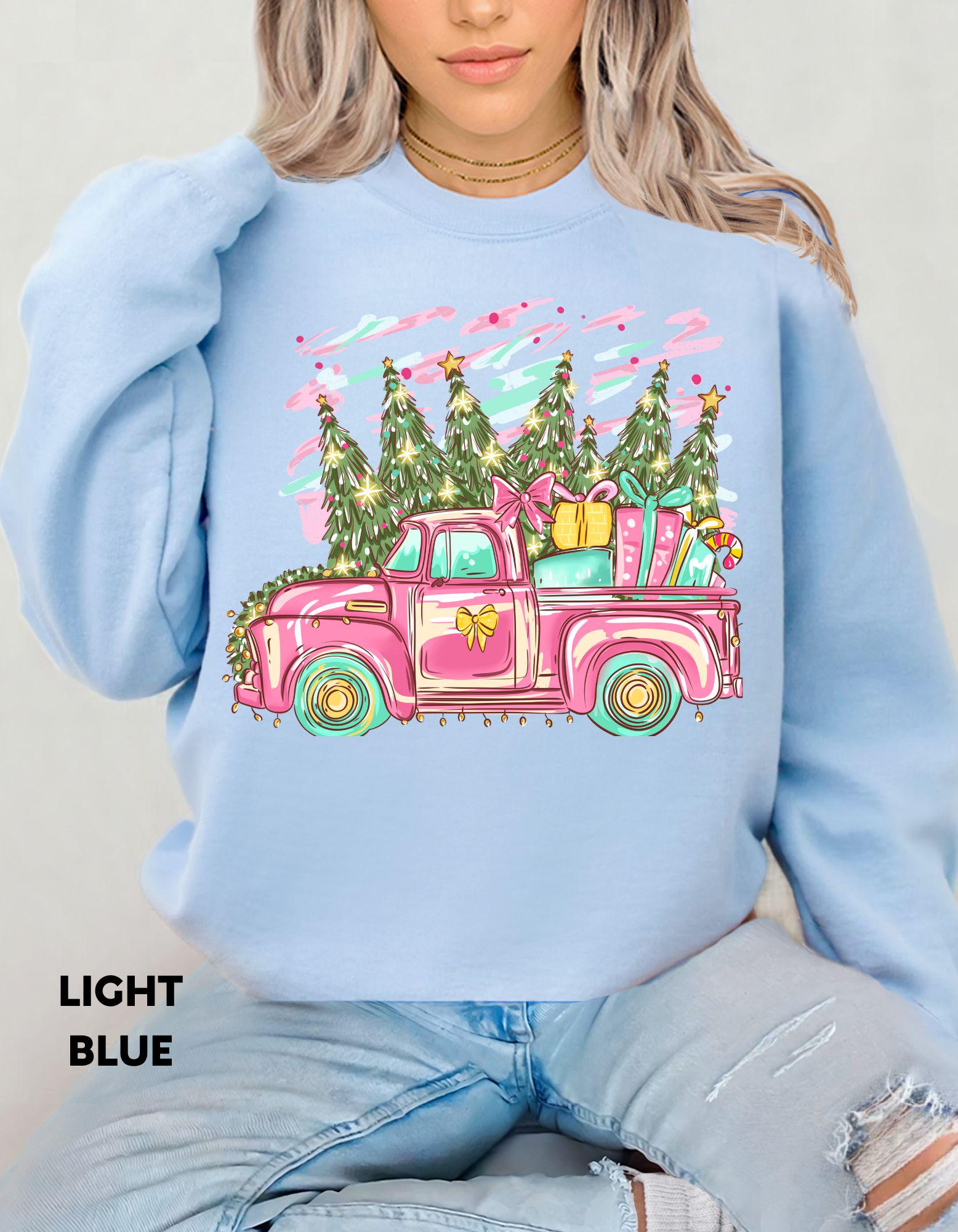 Pink Christmas Truck Sweatshirt, Retro Holiday Crewneck, Vintage Farmhouse Christmas Shirt, Cute Cozy Gift for Her, Festive Sweater