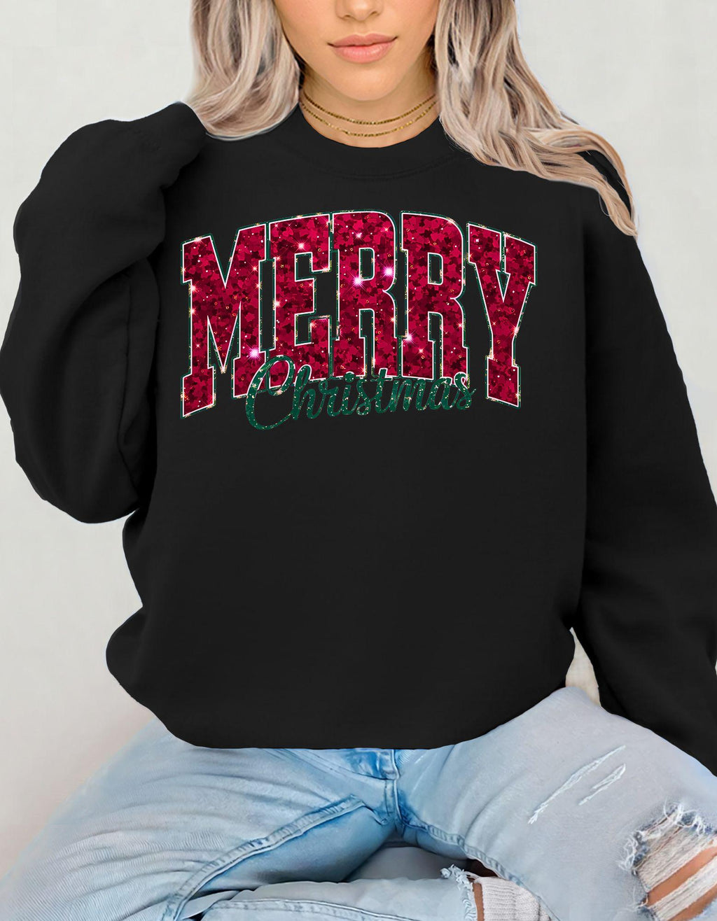 Merry Christmas Sweatshirt, Faux Glitter Look Holiday Shirt, Festive Crewneck, Cozy Winter Sweater
