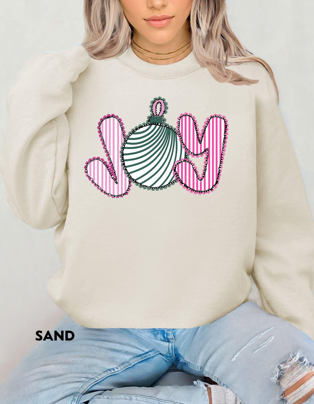 JOY Christmas Sweatshirt, Pink and Green Holiday Crewneck, Cute Ornament Christmas Shirt, Festive Cozy Sweater Gift for Her