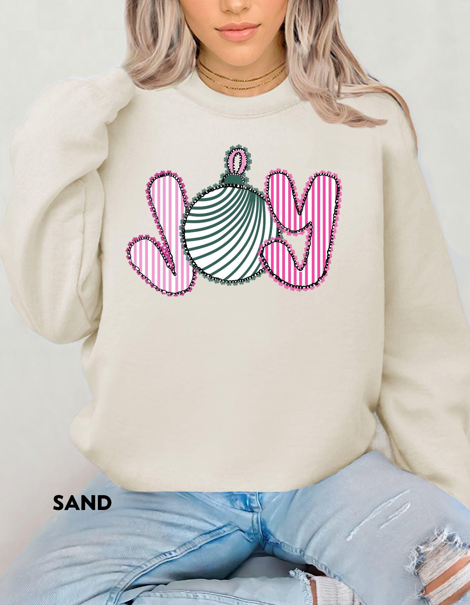 JOY Christmas Sweatshirt, Pink and Green Holiday Crewneck, Cute Ornament Christmas Shirt, Festive Cozy Sweater Gift for Her