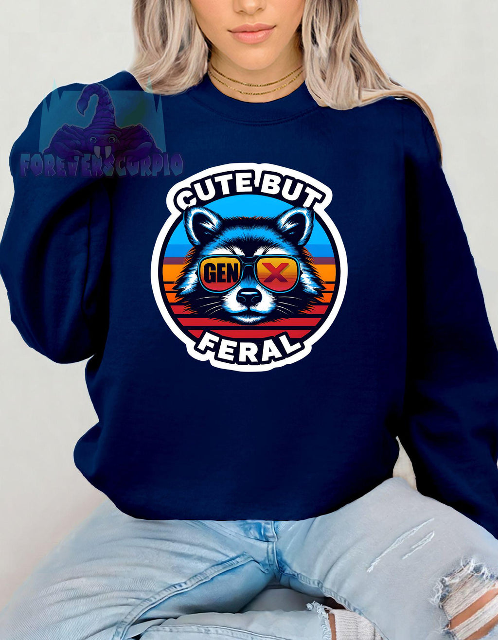 Gen X Raccoon Sweatshirt Cute But Feral | Funny Retro Crewneck for Men & Women | Sarcastic Gen X Graphic Shirt
