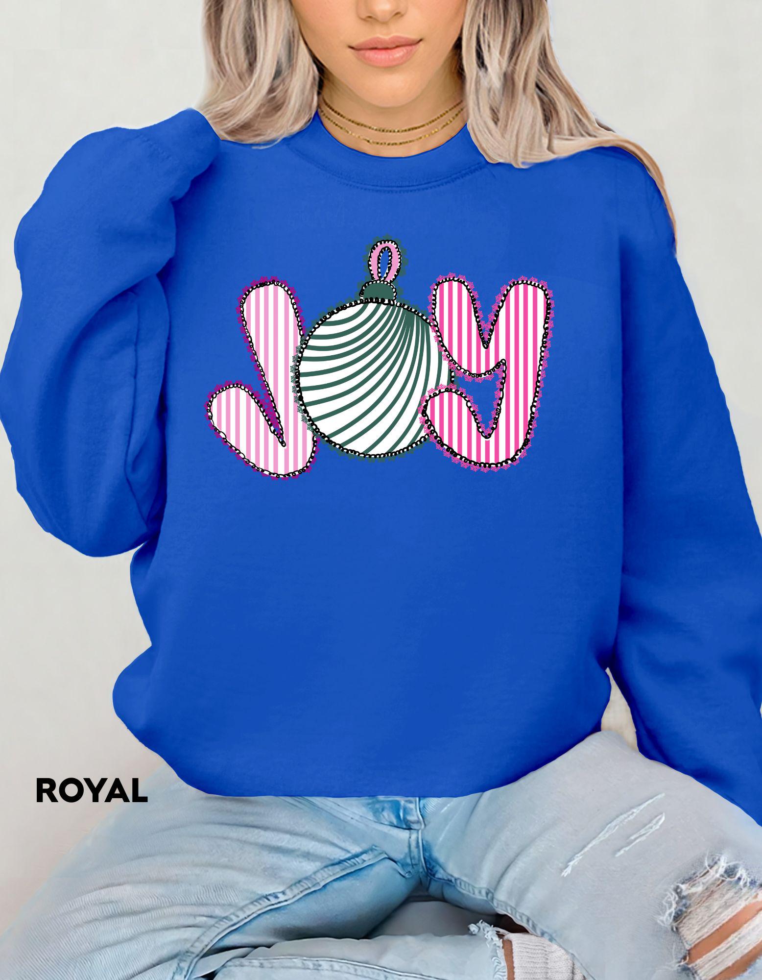 JOY Christmas Sweatshirt, Pink and Green Holiday Crewneck, Cute Ornament Christmas Shirt, Festive Cozy Sweater Gift for Her