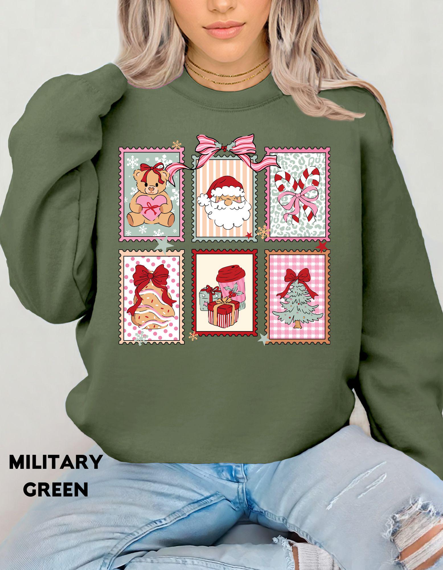 Christmas Postage Stamps Sweatshirt, Pink Retro Christmas Crewneck, Cute Holiday Gift Shirt, Santa Gingerbread Tree Sweater