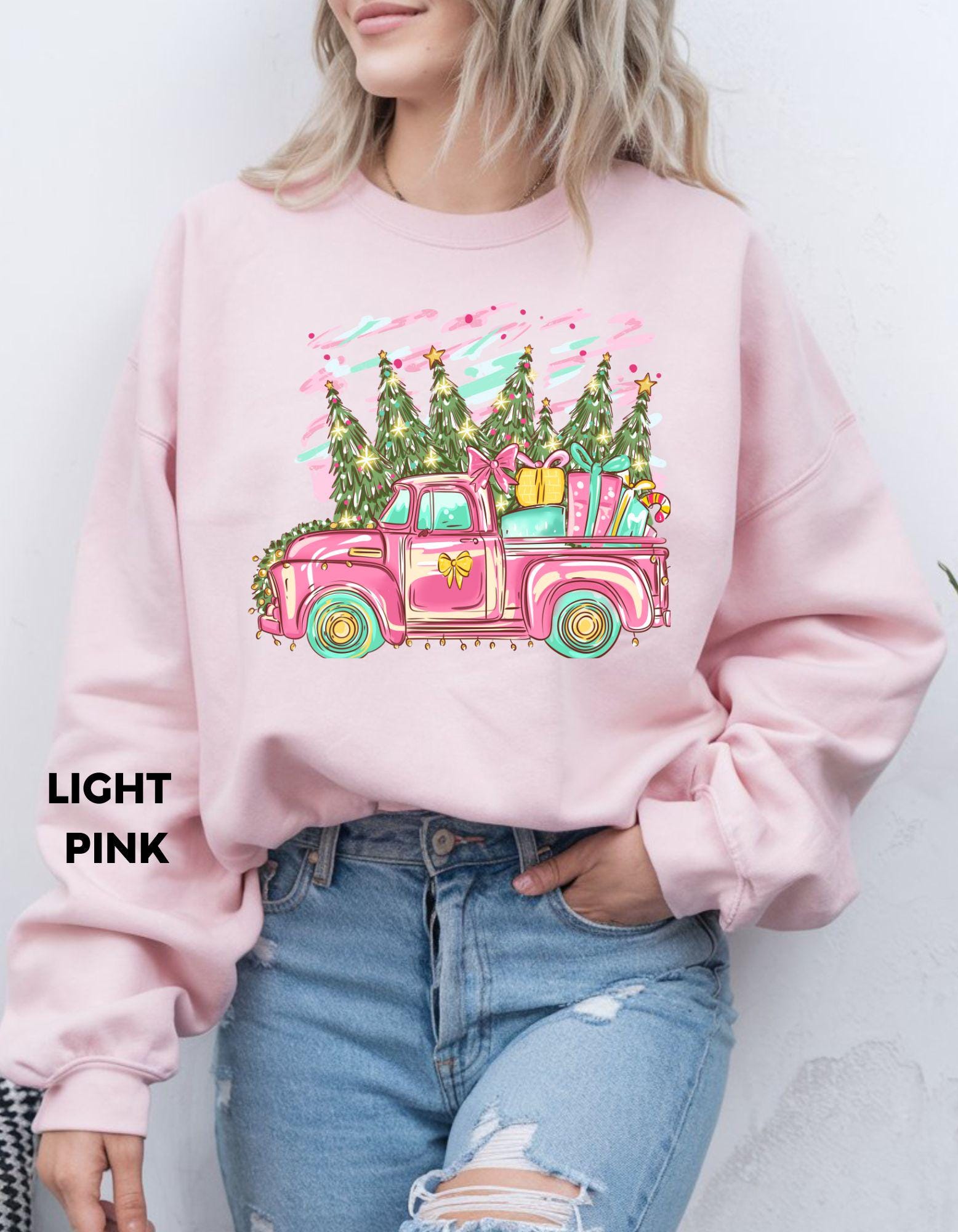 Pink Christmas Truck Sweatshirt, Retro Holiday Crewneck, Vintage Farmhouse Christmas Shirt, Cute Cozy Gift for Her, Festive Sweater