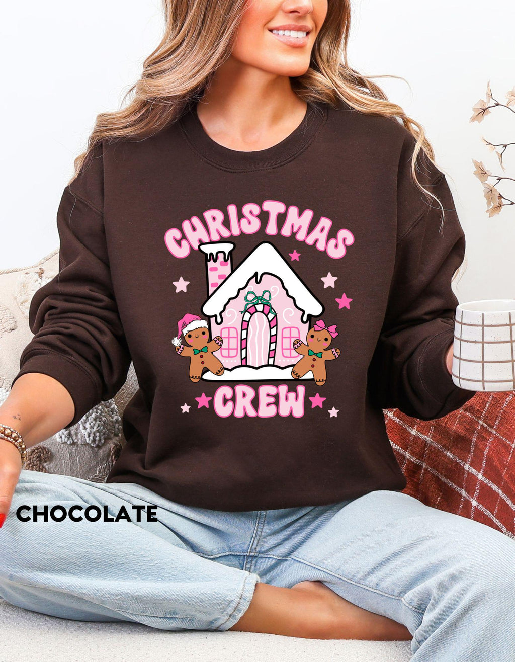 Girly Christmas Crew Sweatshirt, Pink Gingerbread House Shirt, Cute Holiday Crewneck, Matching Family Christmas Sweater, Cozy Festive Gift